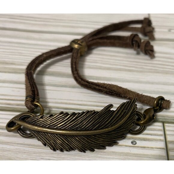 Vintage Brass Feather Adjustable Bracelet With Brown Suede Cord - Picture 2 of 3